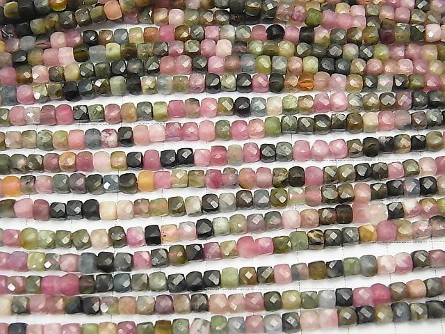 [Video] High Quality! Multicolor Tourmaline AA + Cube Shape 4x4x4mm half or 1strand beads (aprx.15inch / 37cm)