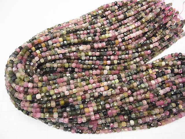 [Video] High Quality! Multicolor Tourmaline AA + Cube Shape 4x4x4mm half or 1strand beads (aprx.15inch / 37cm)