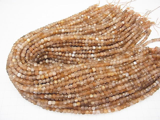 [Video] High Quality! Silver & Golden Sheen Brown Moonstone AA++ Cube Shape 4x4x4mm half or 1strand beads (aprx.15inch / 36cm)