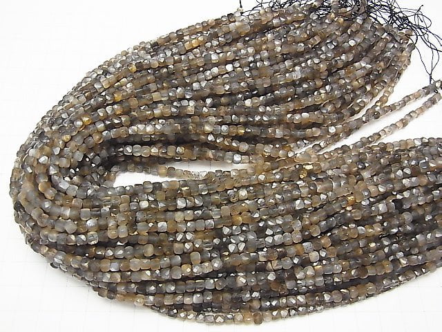 High Quality! Silver & Golden Sheen Gray Moonstone AAA Cube Shape 3.5x3.5x3.5mm half or 1strand beads (aprx.15inch / 36cm)