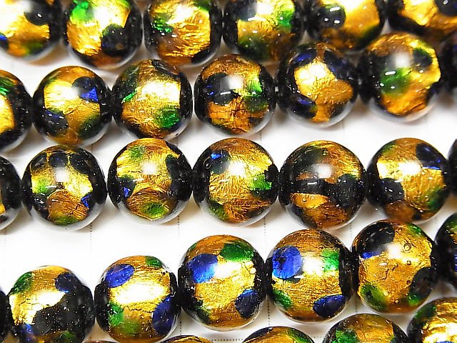 Lampwork Beads Round 10mm [Yellow x Blue] 1/4 or 1strand beads (aprx.15inch/36cm)