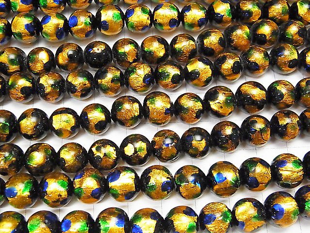 Lampwork Beads Round 10mm [Yellow x Blue] 1/4 or 1strand beads (aprx.15inch/36cm)