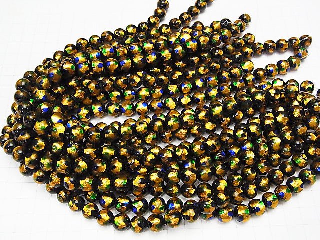 Lampwork Beads Round 10mm [Yellow x Blue] 1/4 or 1strand beads (aprx.15inch/36cm)