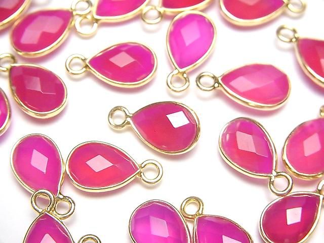[Video] High Quality Fuchsia Pink Chalcedony AAA Bezel Setting Faceted Pear Shape 10x7mm 18KGP 3pcs