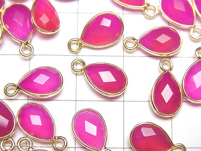 [Video]High Quality Fuchsia Pink Chalcedony AAA Bezel Setting Faceted Pear Shape 10x7mm 18KGP 3pcs