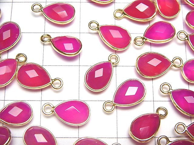 [Video]High Quality Fuchsia Pink Chalcedony AAA Bezel Setting Faceted Pear Shape 10x7mm 18KGP 3pcs