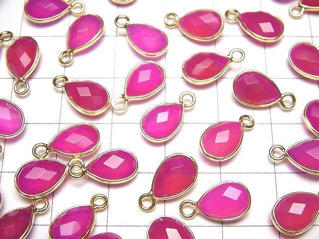 [Video]High Quality Fuchsia Pink Chalcedony AAA Bezel Setting Faceted Pear Shape 10x7mm 18KGP 3pcs