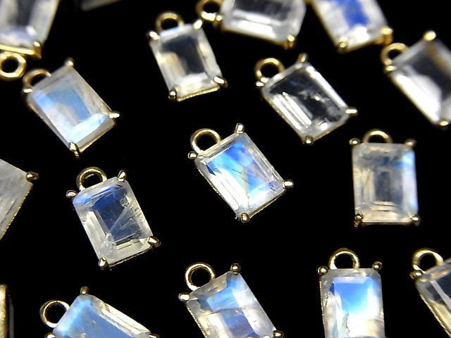 [Video]High Quality Rainbow Moonstone AA++ Bezel Setting Rectangle Faceted 7x5mm 18KGP 2pcs