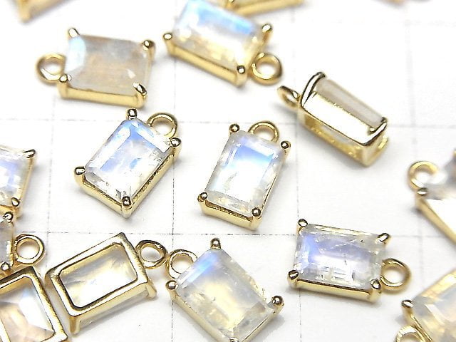 [Video]High Quality Rainbow Moonstone AA++ Bezel Setting Rectangle Faceted 7x5mm 18KGP 2pcs