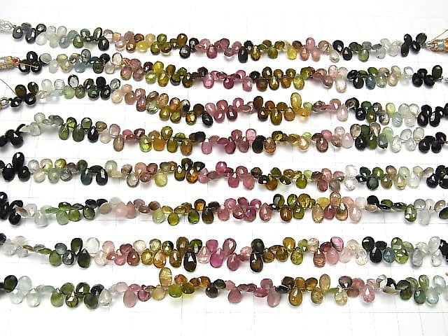 [Video]  High Quality Multi Color Tourmaline AA++ Pear shape Faceted Briolette half or 1strand beads (aprx.7inch/18cm)