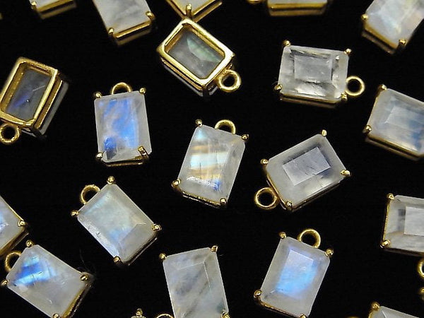 [Video]High Quality Rainbow Moonstone AA++ Bezel Setting Rectangle Faceted 9x7mm 18KGP 2pcs