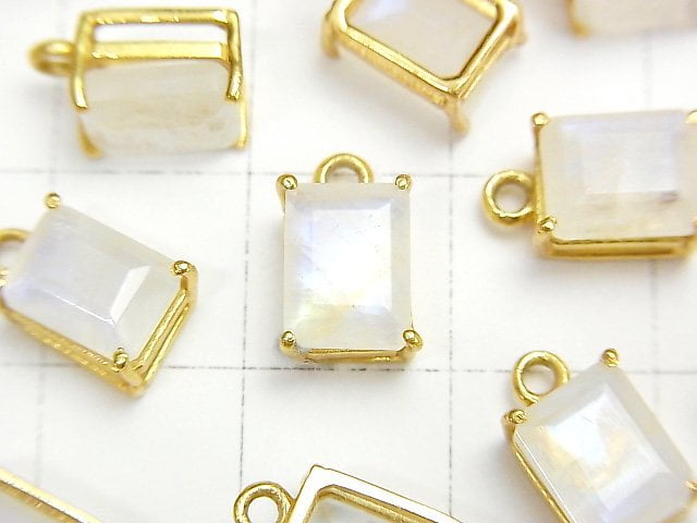 [Video]High Quality Rainbow Moonstone AA++ Bezel Setting Rectangle Faceted 9x7mm 18KGP 2pcs