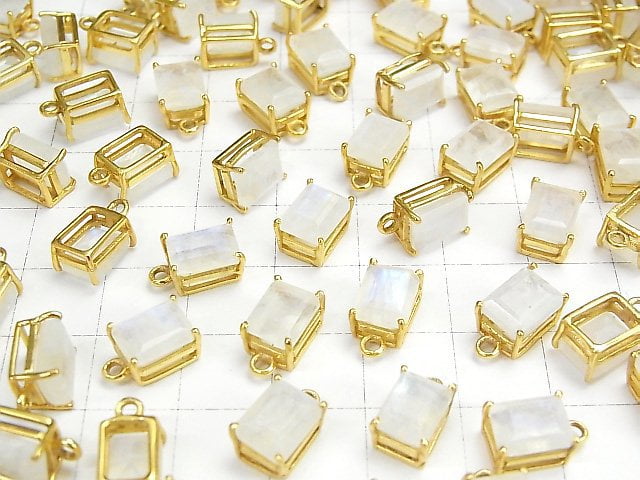 [Video]High Quality Rainbow Moonstone AA++ Bezel Setting Rectangle Faceted 9x7mm 18KGP 2pcs