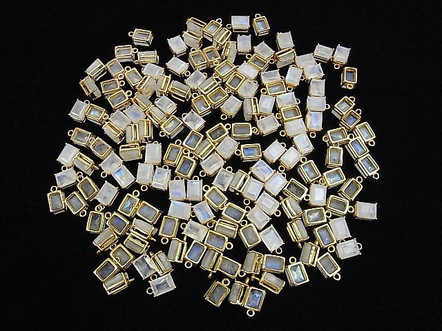 [Video]High Quality Rainbow Moonstone AA++ Bezel Setting Rectangle Faceted 9x7mm 18KGP 2pcs