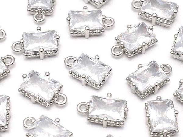 Metal parts Rectangle Faceted Charm 8x6mm Silver color (with CZ) 2pcs