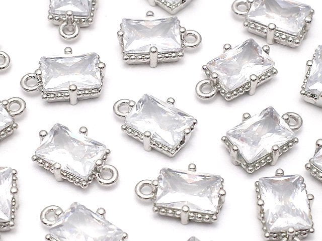 Metal parts Rectangle Faceted Charm 8x6mm Silver color (with CZ) 2pcs