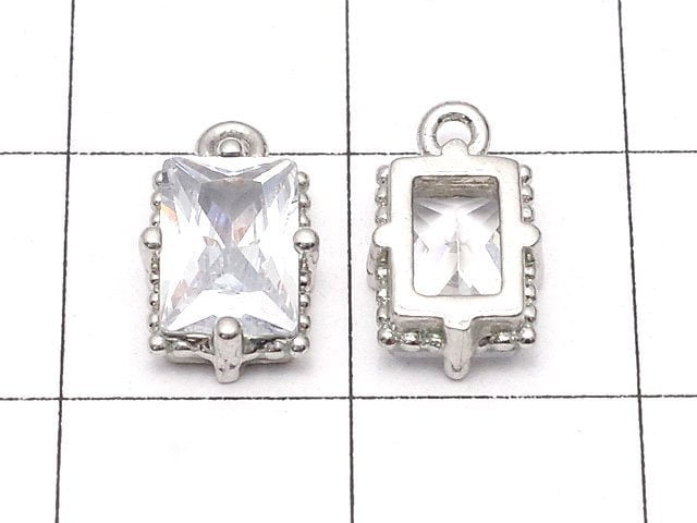 Metal parts Rectangle Faceted Charm 8x6mm Silver color (with CZ) 2pcs