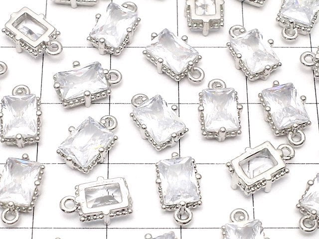 Metal parts Rectangle Faceted Charm 8x6mm Silver color (with CZ) 2pcs