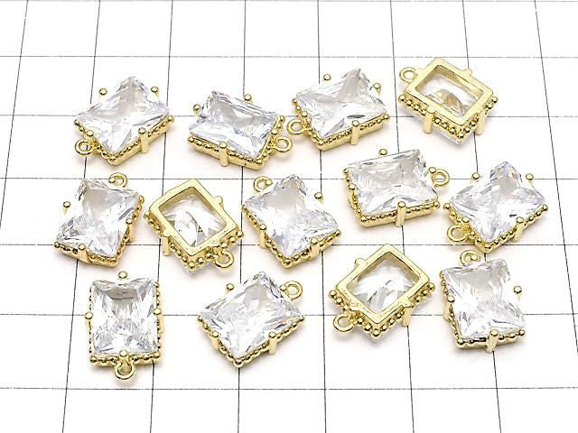 長方形刻面金屬飾品 12x10mm 金色 (帶鋯石) 2 個