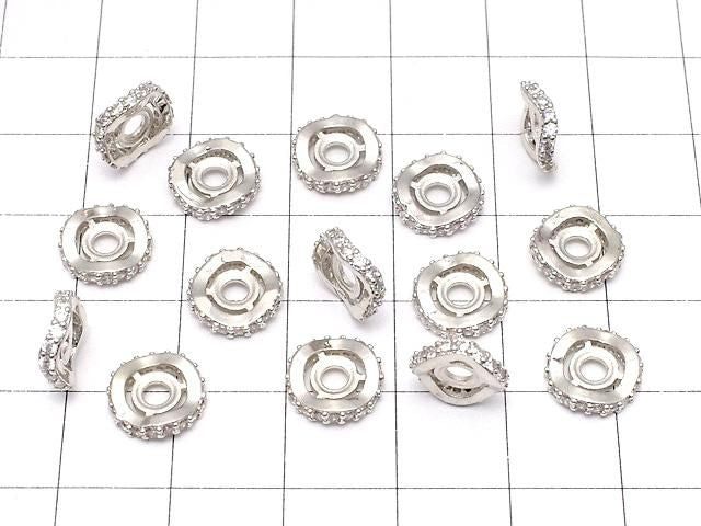 金屬部件 圓形墊片 9.5x9.5x2.5毫米 銀色 (鑲方晶鋯石) 2個