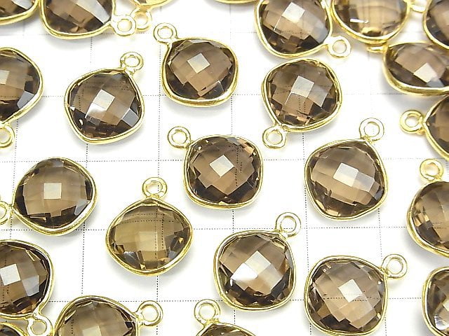 [Video] High Quality Smoky Quartz AAA Bezel Setting  Diamond Shape 12x12mm Cushion Cut 18KGP 3pcs