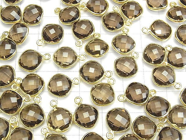 [Video] High Quality Smoky Quartz AAA Bezel Setting  Diamond Shape 12x12mm Cushion Cut 18KGP 3pcs