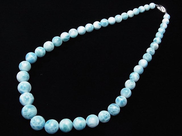 [Video] [One of a kind] Top Quality Larimar Pectolite AAAA Round 8-14.5mm Size Gradation Necklace NO.1