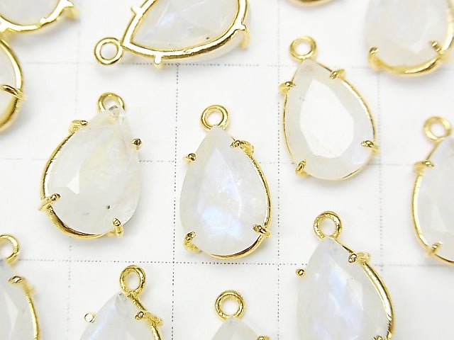 High Quality Rainbow Moonstone AA++ Bezel Setting Pear shape Faceted 12x8mm 18KGP 2pcs