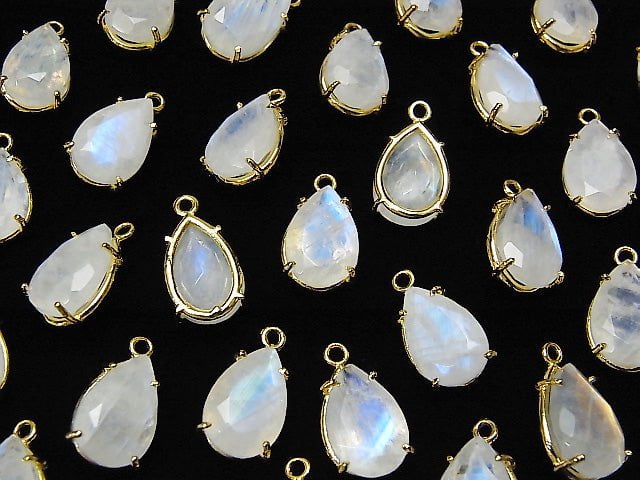 High Quality Rainbow Moonstone AA++ Bezel Setting Pear shape Faceted 12x8mm 18KGP 2pcs