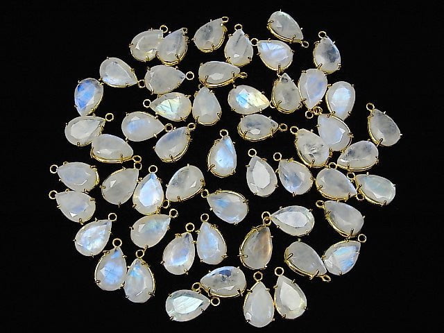 High Quality Rainbow Moonstone AA++ Bezel Setting Pear shape Faceted 12x8mm 18KGP 2pcs