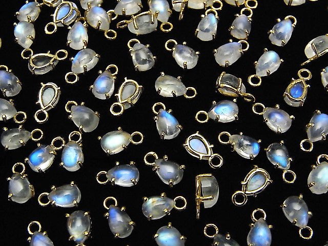 [Video] High Quality Rainbow Moonstone AAA- Bezel Setting Pear shape 6x4mm 18KGP 2pcs