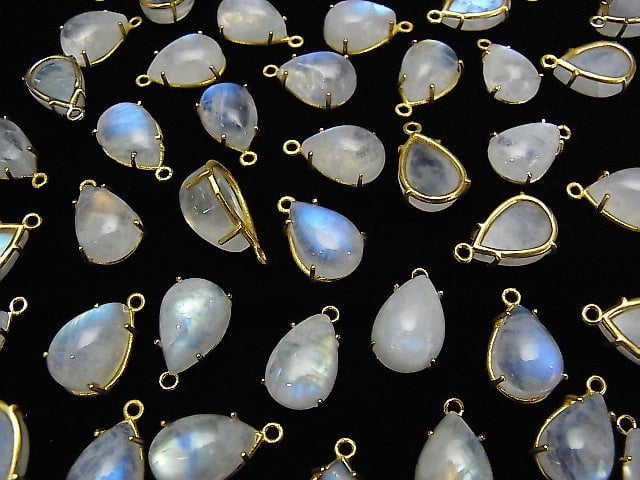 [Video] High Quality Rainbow Moonstone AAA- Bezel Setting Pear shape 13x9mm 18KGP 1pc