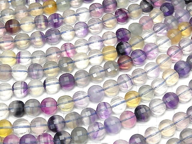 [Video] High Quality! Multicolor Fluorite AAA- Faceted Coin 8x8x6mm 1strand beads (aprx.15inch/36cm)