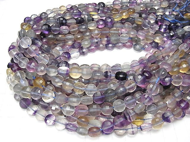 [Video] High Quality! Multicolor Fluorite AAA- Faceted Coin 8x8x6mm 1strand beads (aprx.15inch/36cm)