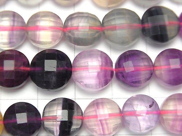 [Video] High Quality! Multicolor Fluorite AAA- Faceted Coin 10x10x7mm Color gradation 1strand beads (aprx.15inch/36cm)