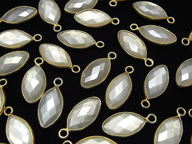 [Video] White color Moonstone AA ++ Bezel Setting Faceted Marquise 17x9mm Coating [One Side] 18KGP 3pcs