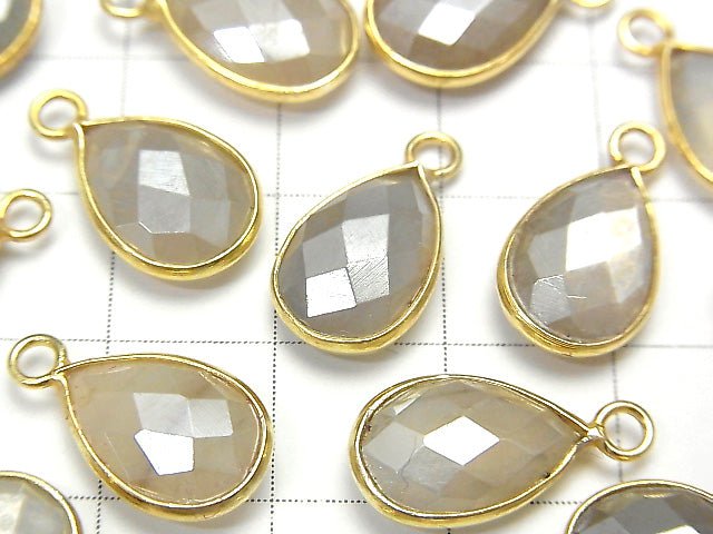 [Video] Gray Color Moonstone AA ++ Bezel Setting Faceted Pear Shape 13x9mm Coating [One Side] 18KGP 3pcs