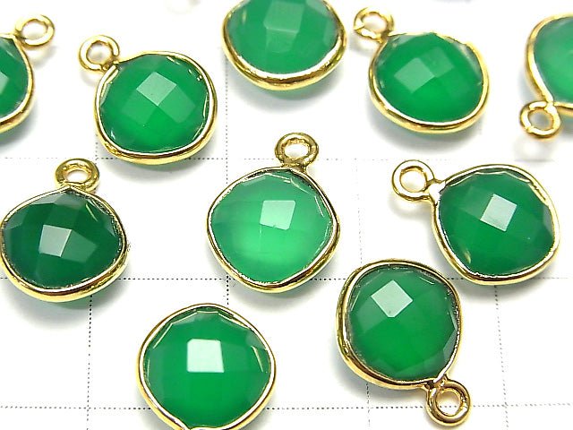 [Video] High Quality Green Onyx AAA Bezel Setting Diamond Shape 9x9mm Cushion Cut 18KGP 3pcs