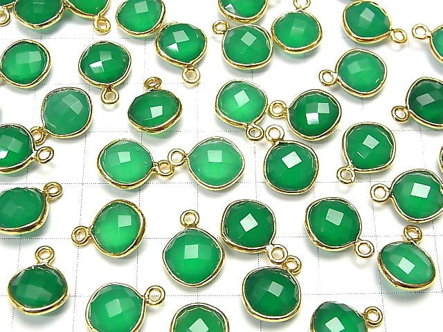 [Video] High Quality Green Onyx AAA Bezel Setting Diamond Shape 9x9mm Cushion Cut 18KGP 3pcs