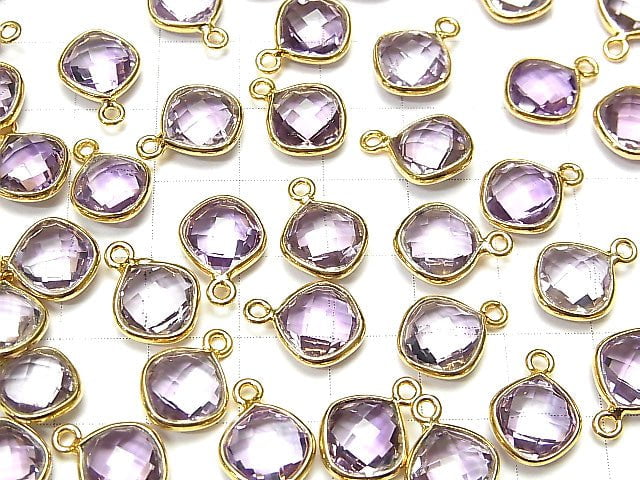 [Video] High Quality Pink Amethyst AAA Bezel Setting Diamond Shape 9x9mm Cushion Cut 18KGP 3pcs