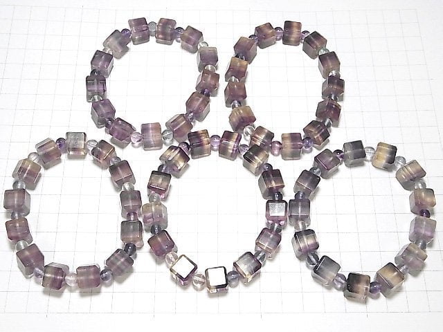 [Video] Multicolor Fluorite AAA Cube 10mm & Round 6mm [Purple] 1strand (Bracelet)