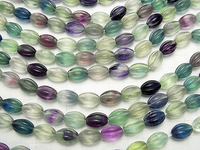 [Video] Multicolor Fluorite AAA- Line Carved Rice 15x10mm half or 1strand beads (aprx.15inch / 37cm)