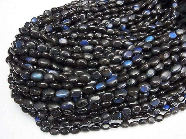 [Video] High Quality Black Labradorite AAA- Oval -Flat Nugget half or 1strand beads (aprx.12inch / 30cm)