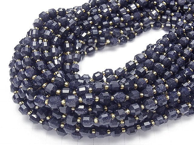 [Video] Blue Golden Sand Stone Double Point Faceted Tube 8x7mm 1strand beads (aprx.15inch / 36cm)