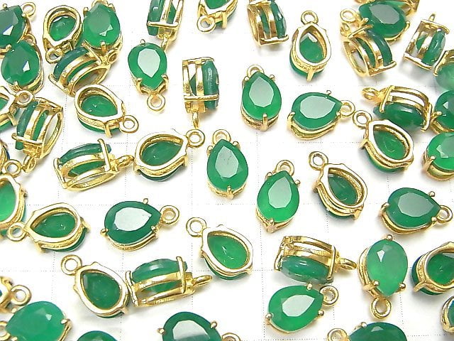 [Video] High Quality Green Onyx AAA Bezel Setting Pear shape Faceted 9x6mm 18KGP 2pcs