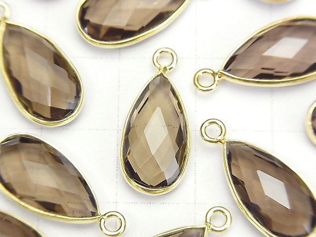 [Video]High Quality Smoky Quartz AAA Bezel Setting Faceted Pear Shape 17x9mm 18KGP 2pcs