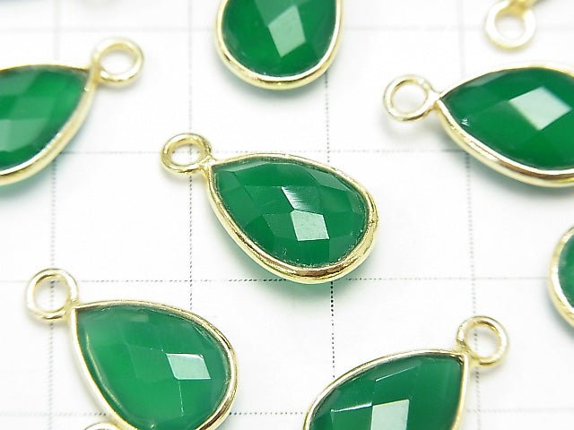 [Video] High Quality Green Onyx AAA Bezel Setting Faceted Pear Shape 13x9mm 18KGP 2pcs