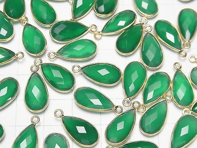 [Video] High Quality Green Onyx AAA Bezel Setting Faceted Pear Shape 17x9mm 18KGP 2pcs