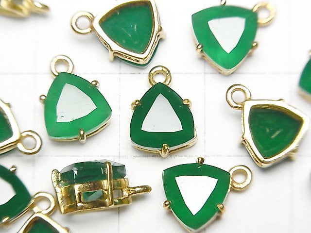 [Video]High Quality Green Onyx AAA Bezel Setting Triangle Faceted 9x8mm 18KGP 2pcs