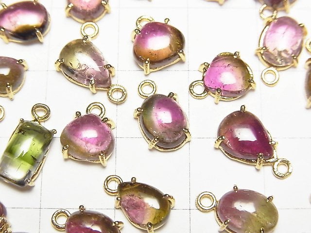 [Video]High Quality Bi-color Tourmaline AAA- Bezel Setting Mixed Shape 18KGP 3pcs